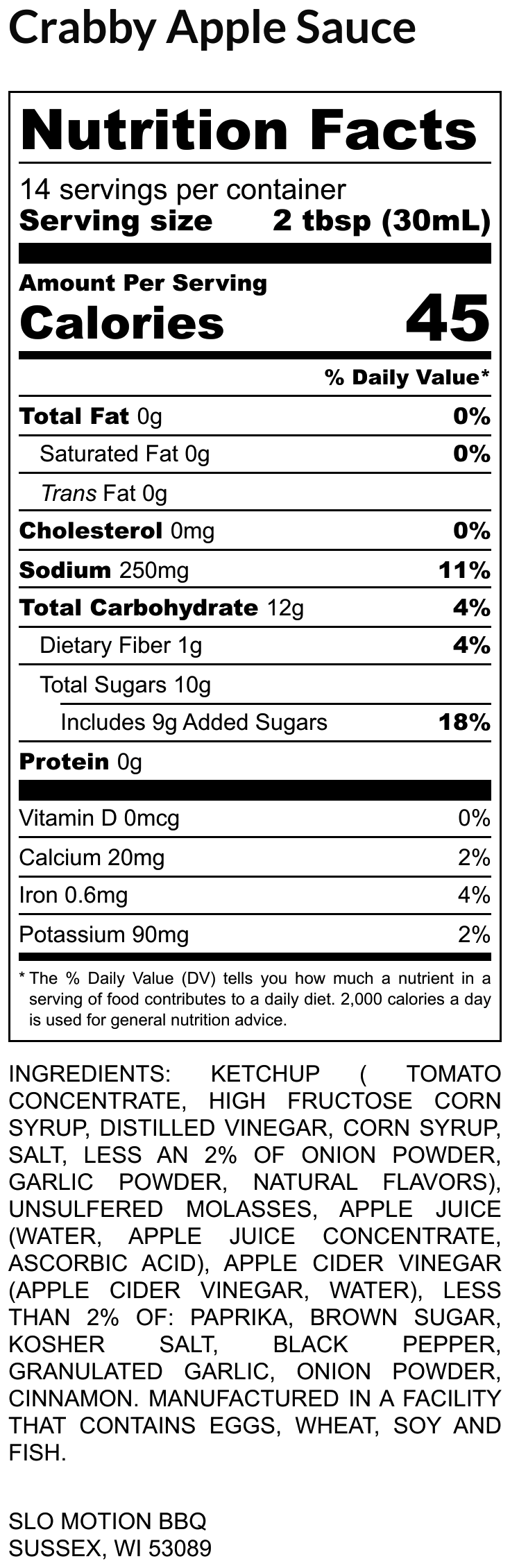 Nutrition facts label for Crabby Apple Sauce with serving size, calories, and ingredient list.