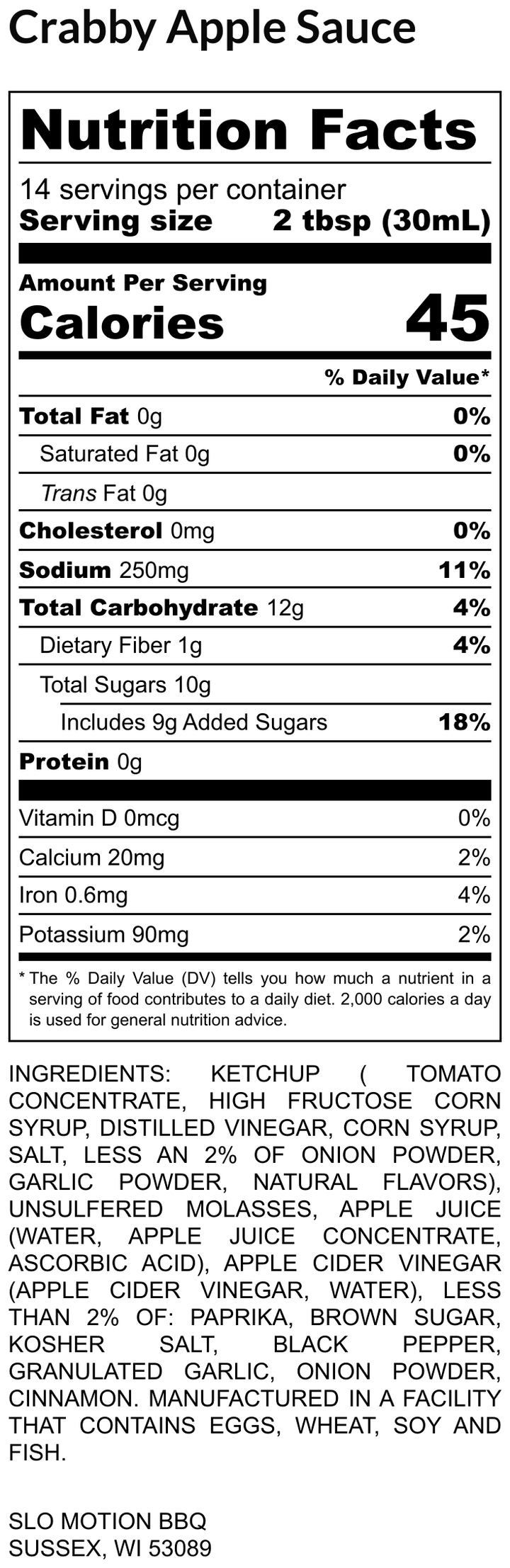 Nutrition facts label for Crabby Apple Sauce with serving size, calories, and ingredient list.