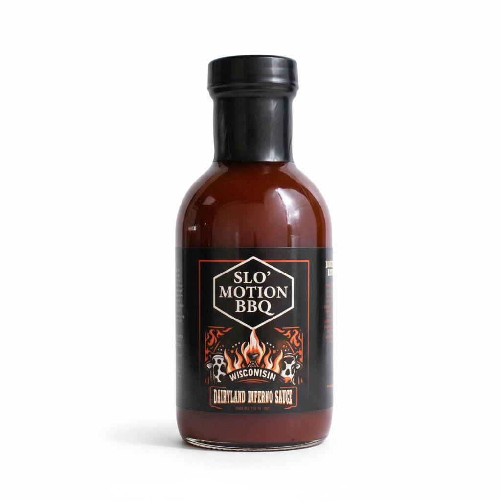 Bottle of Slo' Motion BBQ Dairyland inferno Barbecue sauce with red powder and red peppers on a red background