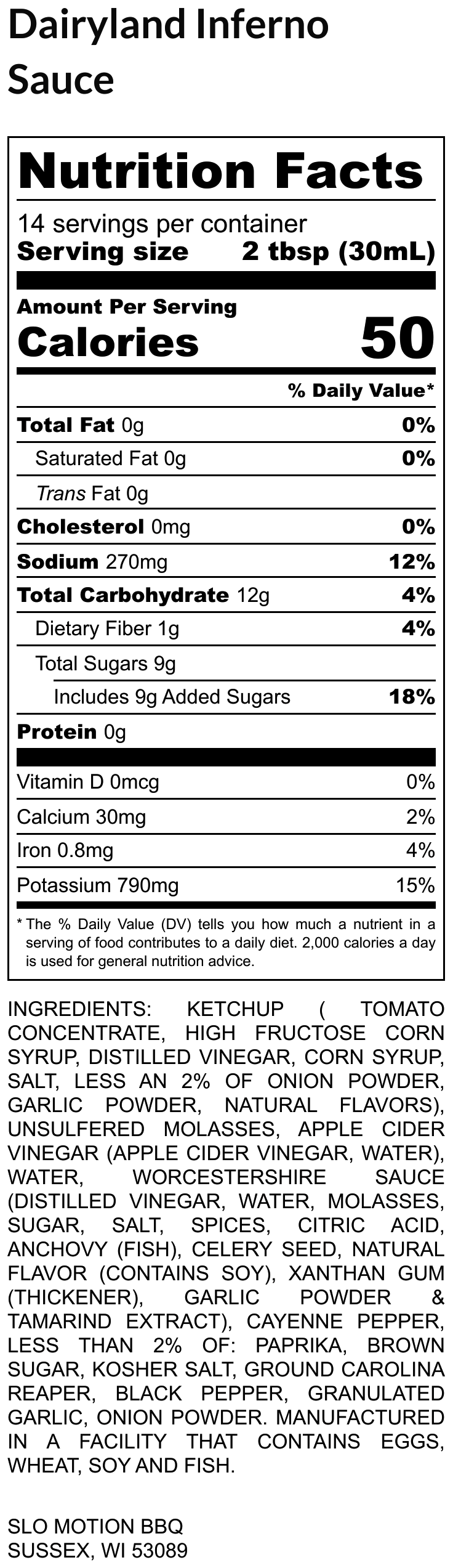 Nutrition facts label for Dairyland Inferno Sauce with serving size, calories, and ingredient list.