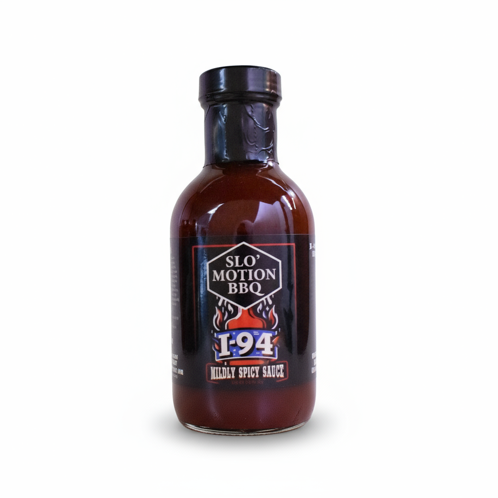 Bottle of Slo' Motion BBQ I-94 Mildly Spicy Sauce with garlic and spices on a red background